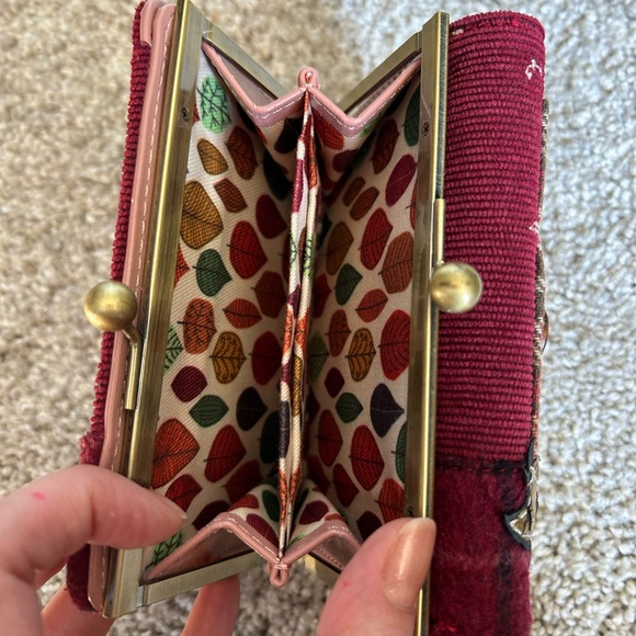 Vendula London Autumn Burgundy Fabric trifold Wallet Bird Patch & coin purse - Picture 11 of 11